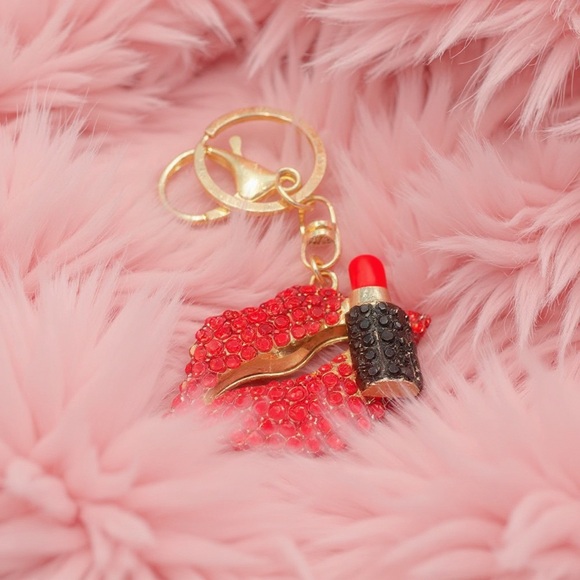 Red Crystal Lip Bag Charm Keychain with Gold Accents - Picture 15 of 16